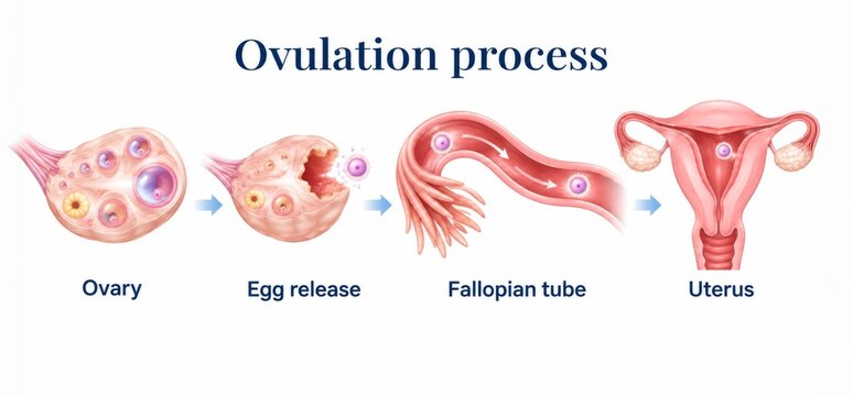 Detailed illustration of ovulation process with ovary, egg release, fallopian tube, and uterus on white background. concept of female reproductive system, human biology education