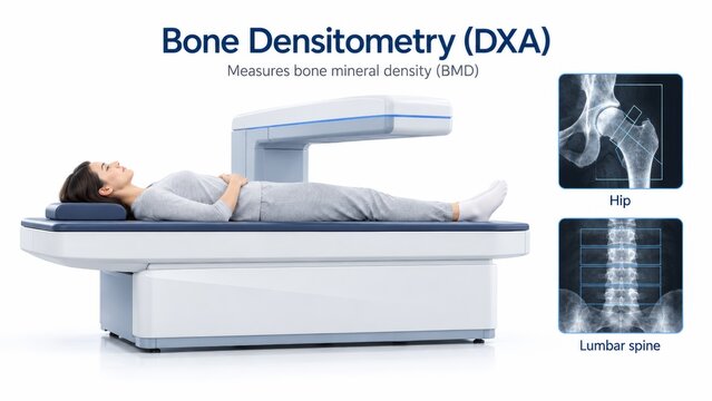 Dxa densitometry for osteoporosis evaluation on white background with focus on bone mineral density measurement technology in medical imaging and healthcare