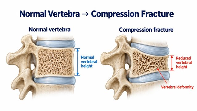 Cross section of vertebra showing normal vs. compression fracture in osteoporosis on white background. concept of bone health, spinal anatomy, medical illustration