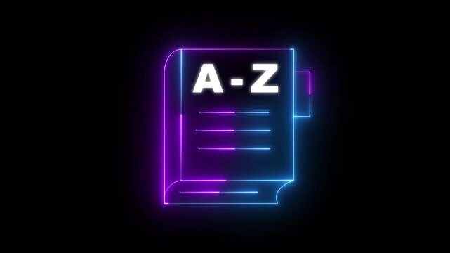 Neon a-z dictionary animation, glowing alphabetical reference book sign for education and digital learning