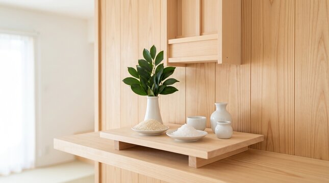 日本の家庭の神棚　白米と塩を盛った折敷、明るい木の羽目板の壁、明るい均一な室内光