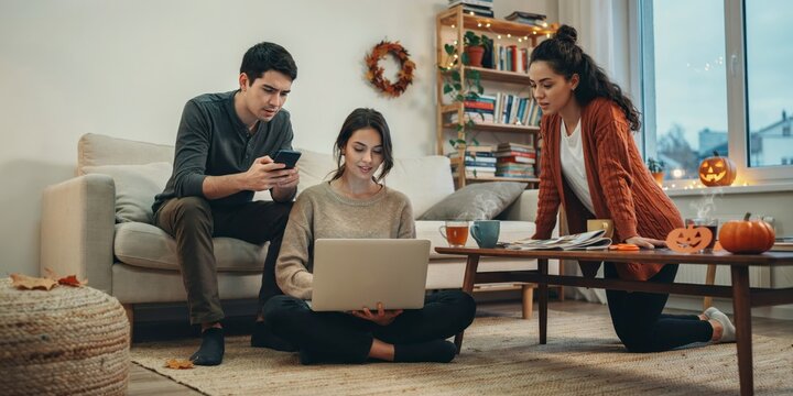 Three friends relaxing together at home with a laptop and phone in a cozy living room, happy halloween, halloween celebration theme