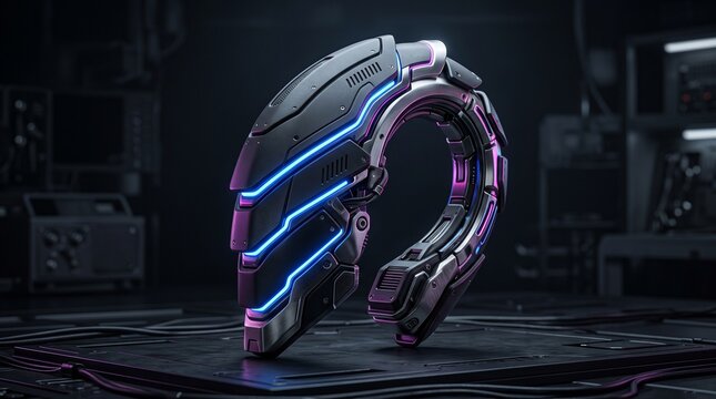 Futuristic cyberpunk armor ear cuff combining matte ceramic plates, titanium edges and glowing blue pink purple accents in a sleek premium jewelry design.