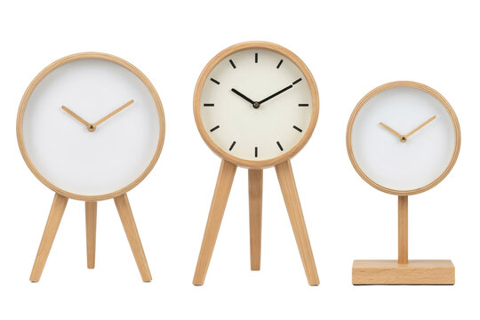 Three minimalist round table clocks with light wooden frames and stands arranged in a row on a white background, isolated on a, transparent background