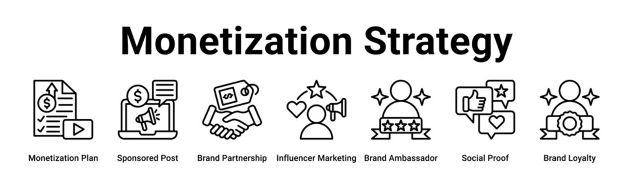 Monetization Strategy web banner icon vector illustration concept for business with icon of Monetization Plan, Sponsored Post, Brand Partnership, Influencer Marketing, Brand Ambassador, Social Proof.
