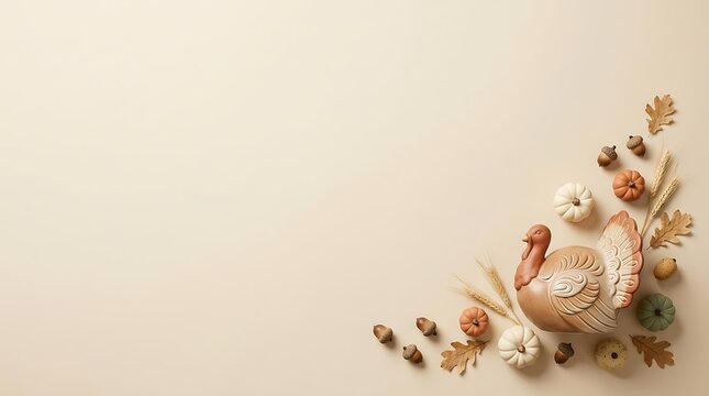 A festive thanksgiving background featuring a roasted turkey and seasonal autumn decorations arranged in the corner