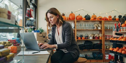 Fototapeta premium Small business owner working on laptop in a shop decorated for halloween, happy halloween, halloween celebration theme