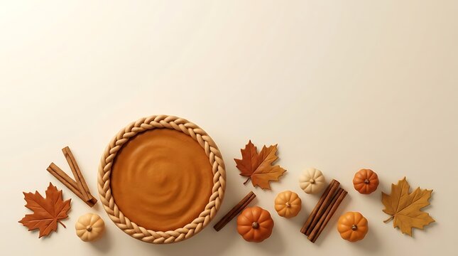 A delicious pumpkin pie surrounded by autumn leaves and cinnamon sticks on a light beige background