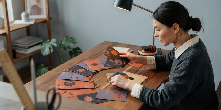 Young woman sitting at a desk and preparing halloween greeting cards in a cozy home office, happy halloween, halloween celebration theme
