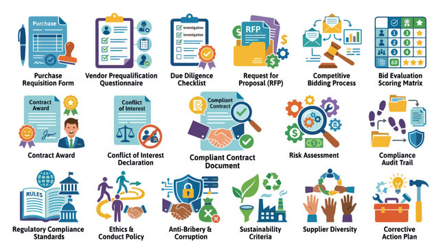 Flat Vector Business  Corporate Governance Icons: Compliance, Procurement, Ethics, Risk Assessment