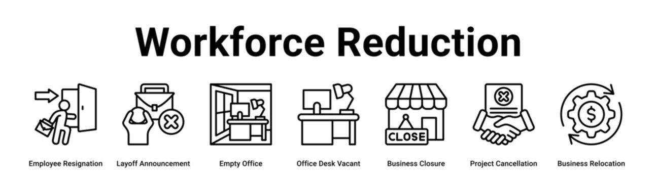 Workforce Reduction web banner icon vector illustration concept for business with icon of Employee Resignation, Layoff Announcement, Empty Office, Office Desk Vacant, Business Closure, Project.