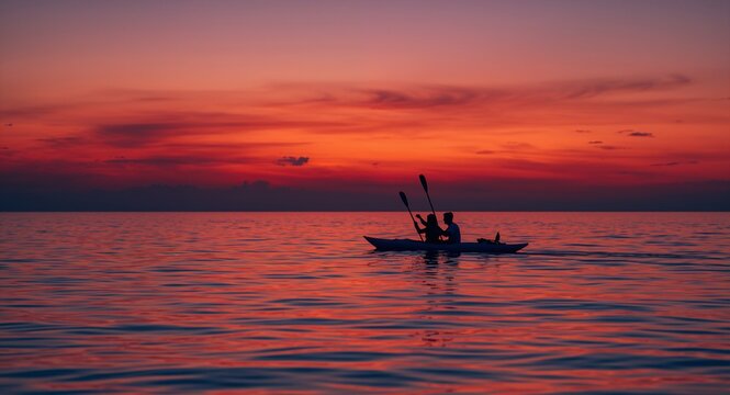 Two friends paddle along tranquil sea surface at dusk paddles dipping in unison beneath crimson sky offering romantic unforgettable coastal experience and style