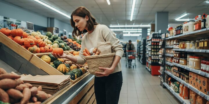 Woman choosing fresh pumpkins and vegetables in a grocery store with a shopping basket, happy halloween, halloween celebration theme