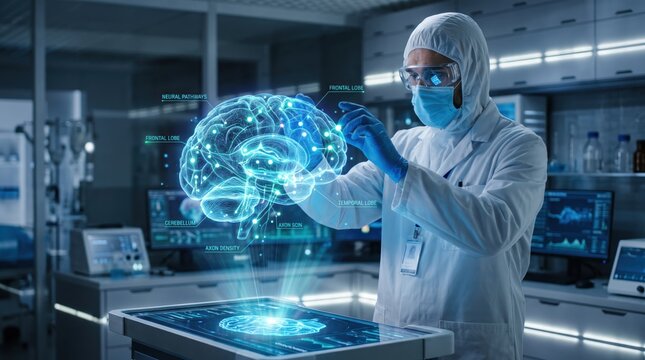 Scientist in protective suit interacting with glowing holographic brain model in futuristic laboratory, neuroscience research concept, medical technology innovation, AI diagnostics