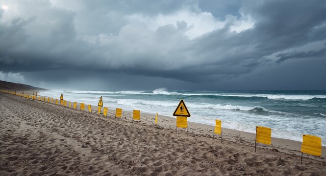 Professional lens capturing beach tsunami risk scenario featuring empty shoreline posted evacuation flags rough surf and distant storm clouds signaling imminent threat