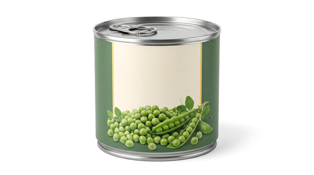Metal tin of canned green peas with a blank label space isolated on white background for food packaging mockups, brand identity projects, and supermarket advertising.