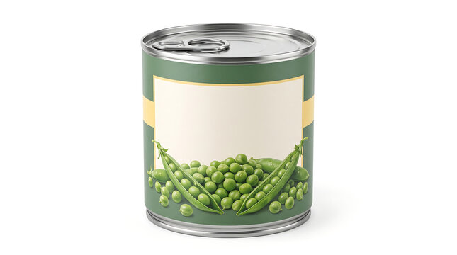 Single metallic tin can of green peas with a blank white label and pull tab lid on a white background for packaging design mockups and food marketing advertisements.