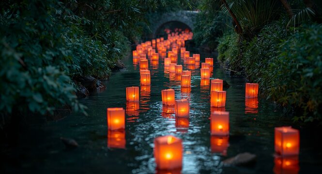 Wide shot of numerous paper lanterns drifting down stream amidst lush greenery capturing tranquil moment of communal lantern floating ceremony � great for obon designs