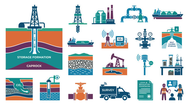 Carbon Capture Storage (CCS) Technology and Process Flat Design Vector Icons Set