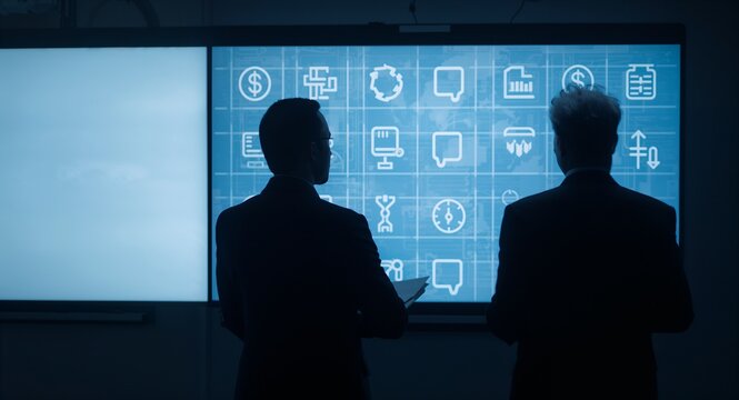 High resolution stock photo featuring business analysts debating tariffs versus free trade principles in front of digital whiteboard with economic icons displayed