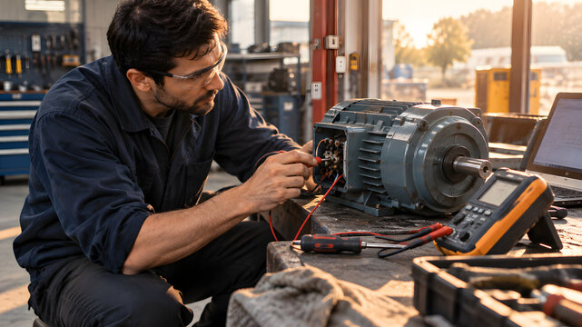 A mechanic is diagnosing a compact electric motor in a service workshop; asymmetrical editorial layout.