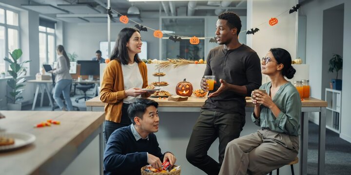 Diverse colleagues enjoying a halloween office party with snacks and drinks, happy halloween, halloween celebration theme