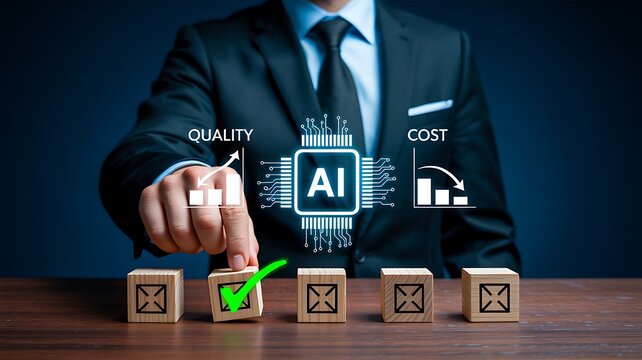 Business professional selecting artificial intelligence quality and cost options for technology strategy