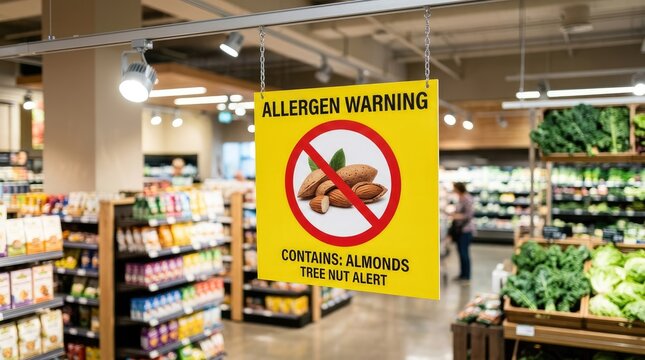 Allergen warning sign hanging in a grocery store aisle alerts shoppers about the presence of almonds in specific food products