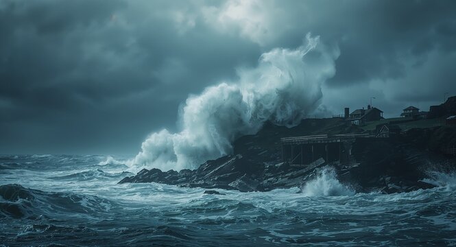 High impact photograph tragic wave moment capturing giant crest collapsing onto coastal structures under gloomy horizon conveying raw destruction for creative use