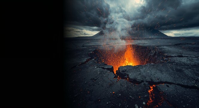 Action photograph depicting volcanic earthquake effect as ground fissures open near crater aftershock shaking volcanic landscape under ominous clouds and layout