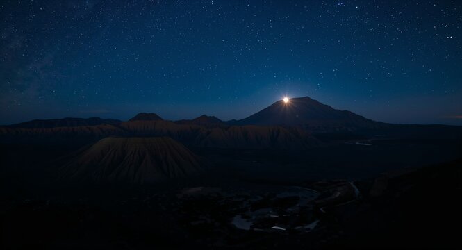 Nighttime long exposure shot of volcano under moonlight with crater rim silhouetted against starry sky and soft lunar illumination on rugged slopes and creative
