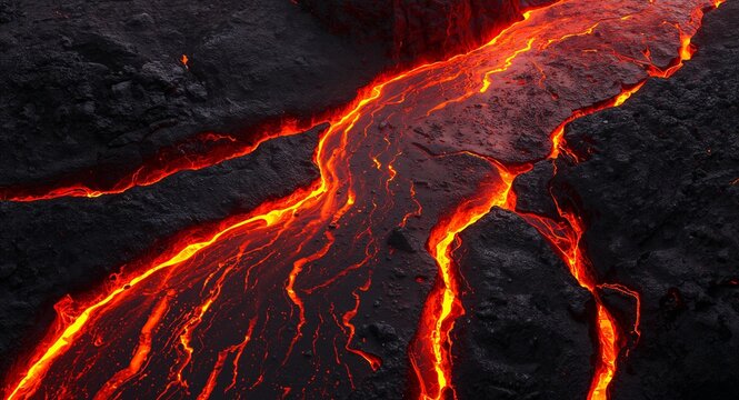 Close up depiction lava stream split into rivulets melting surrounding terrain showcasing vibrant orange flow textures and heat distortion effects and marketing