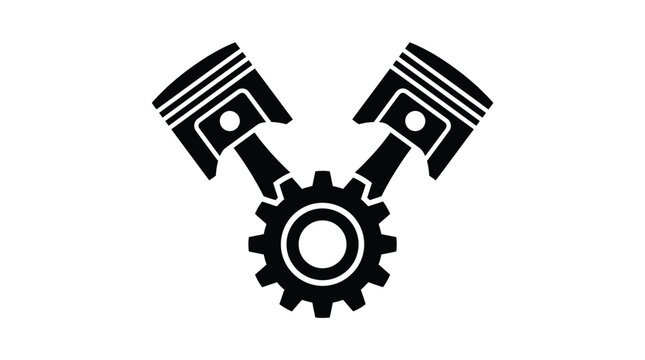 Industrial piston and gear icon showing solid black mechanical engine components isolated on white background for automotive repair garage logo design or creative vector web graphic