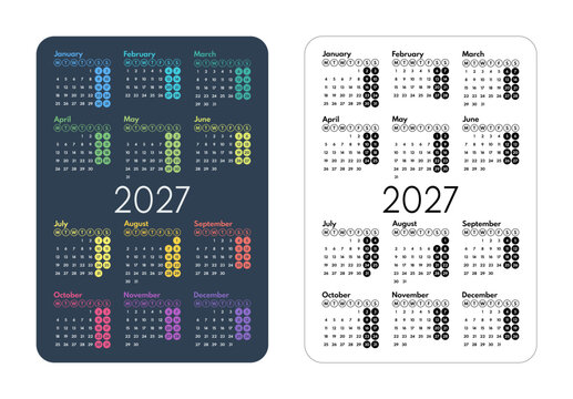 2027 colorful and monochrome simple vertical pocket size calendar template, dark gray and white background, monday first