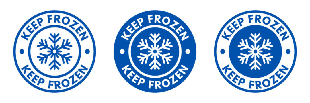 keep frozen food package label, frozen product symbol, blue round vector rubber stamp, snowflake inside