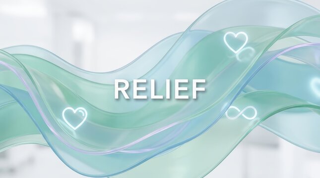 Relief text displayed over flowing translucent teal glass ribbons with glowing neon heart and infinity symbols in modern soft lighting