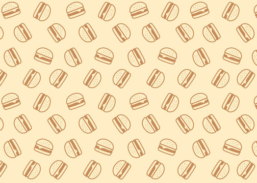 Seamless burger illustration pattern with brown outline and cream background, food packaging, menu illustration