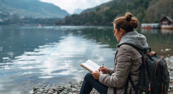 Candid shot of traveler reflecting on journal entries beside tranquil lakeside illustrating travel lifestyle reflection journaling practice now for creative use