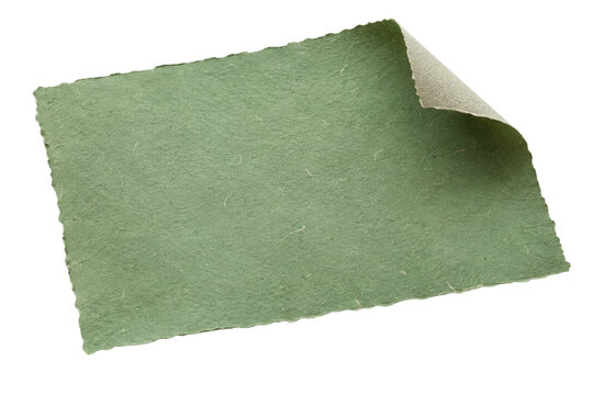 Green Handmade Torn Paper Sheet with Peeling Corner Isolated on Transparent Background for Branding, Packaging, Stationery, Collage and Creative Design