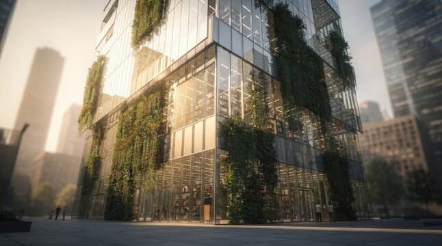 Modern Glass Skyscraper with Vertical Garden in Urban Setting, Soft Golden Hour Light, Lush Greenery Climbing Facade, Reflective Surfaces, Capturing Harmony of Nature and Architecture