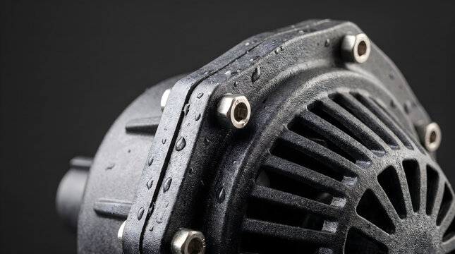 Close-up of a high-performance marine bilge pump with water droplets on its dark textured housing and bolts