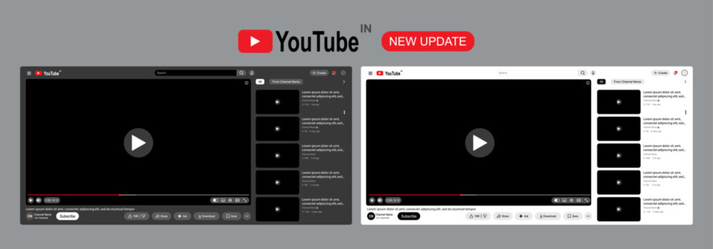 Youtube video player template mockup new design 2026 interface with sidebar. Youtube vector mockup showing dark and light mode blank video screen frame vector illustration