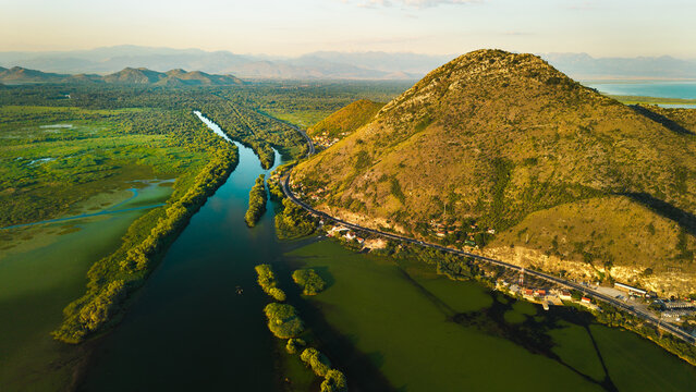 Aerial View of Skadar Lake Wetlands and Mountain Near Virpazar