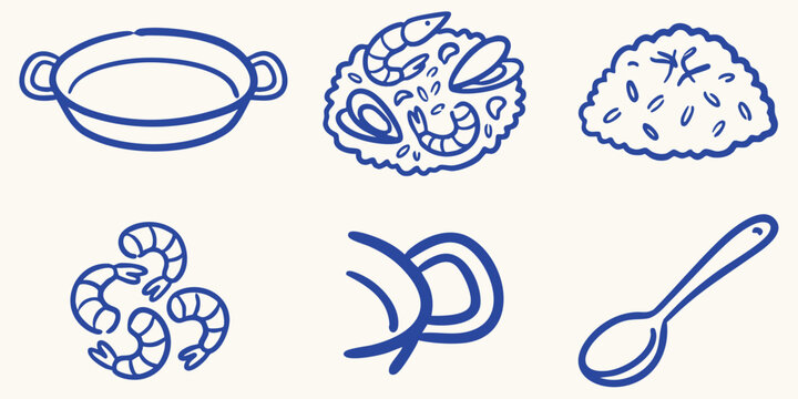 Hand drawn doodle icons representing paella ingredients and cooking elements on a light background