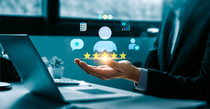 Customer satisfaction feedback concept with business professional presenting virtual five star rating interface showing user experience, service quality survey and review analytics