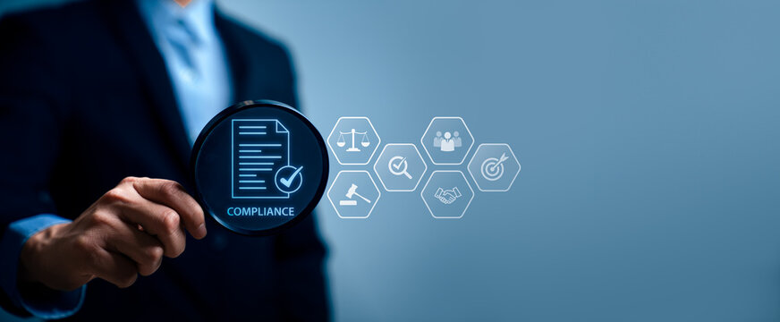 Compliance management concept with business professional presenting document approval interface and legal icons for audit, governance, policy control and corporate risk management