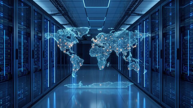 Futuristic server room with glowing world map hologram representing global data center, cloud computing, cybersecurity and international network infrastructure technology