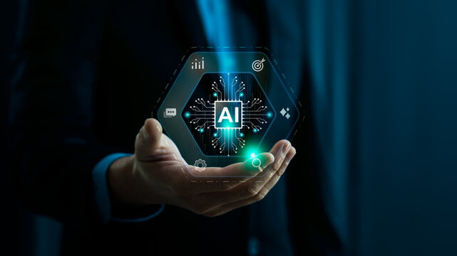 Artificial intelligence business strategy concept with professional presenting virtual AI chip interface showing automation, analytics, target goals and digital transformation