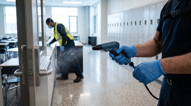 Janitor wearing gloves and mask sprays disinfectant in a school hallway with lockers and desks