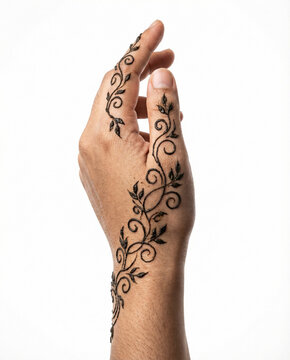 Elegant hand showing a minimalist leafy vine henna tattoo design against an isolated white background